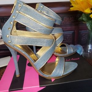 Denim and Gold Open Toe Heels